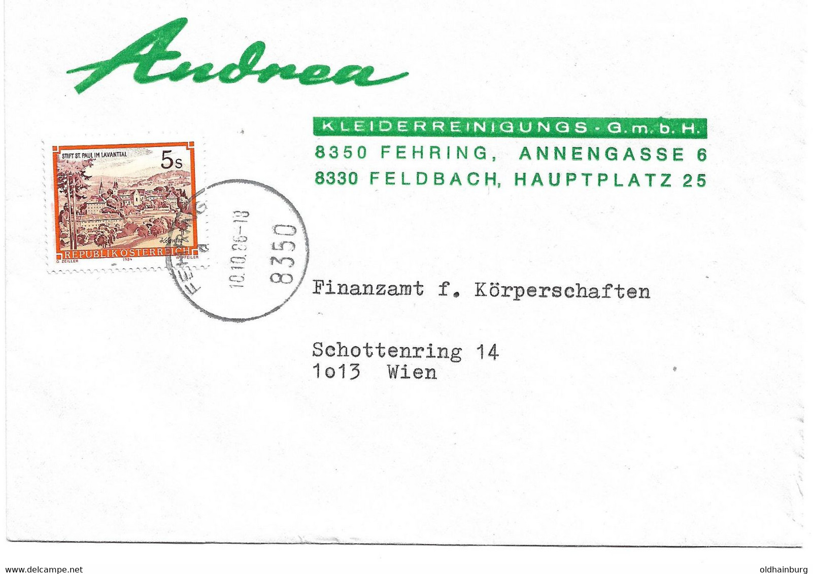 3225g: Heimatbeleg Fehring & Feldbach, Kleiderreinigung Andrea 1986 Firmenkuvert - Fehring