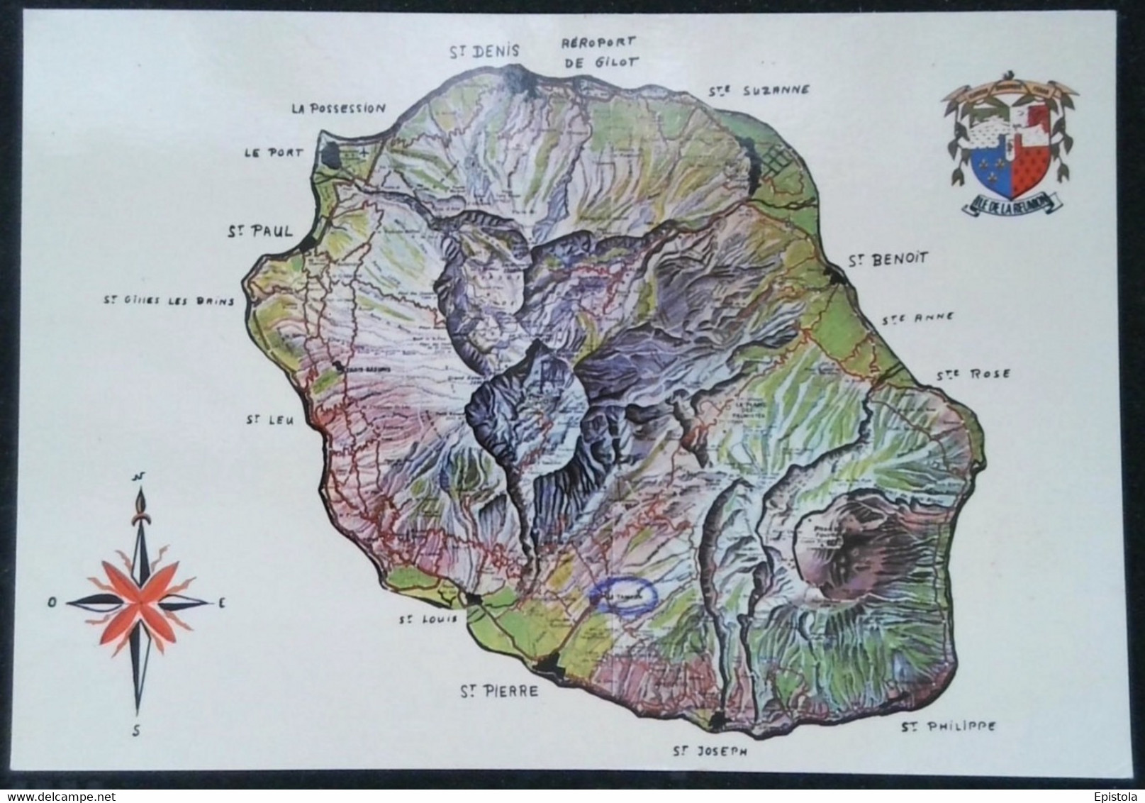 ► LA REUNION -  Carte Géographique Montagnes  Effet Relief 1970s - Réunion