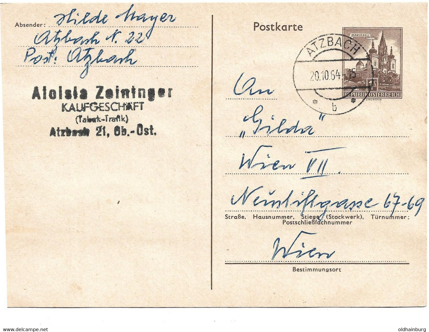 3225r: Heimatbeleg 1964, Kaufgeschäft Tabak- Trafik Zeininger, Postkarte Nach Wien - Vöcklabruck