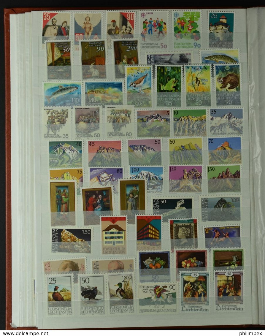 LIECHTENSTEIN, COLLECTION 730 DIFFERENT NEVER HINGED STAMPS IN STOCK-BOOK  1958-1995