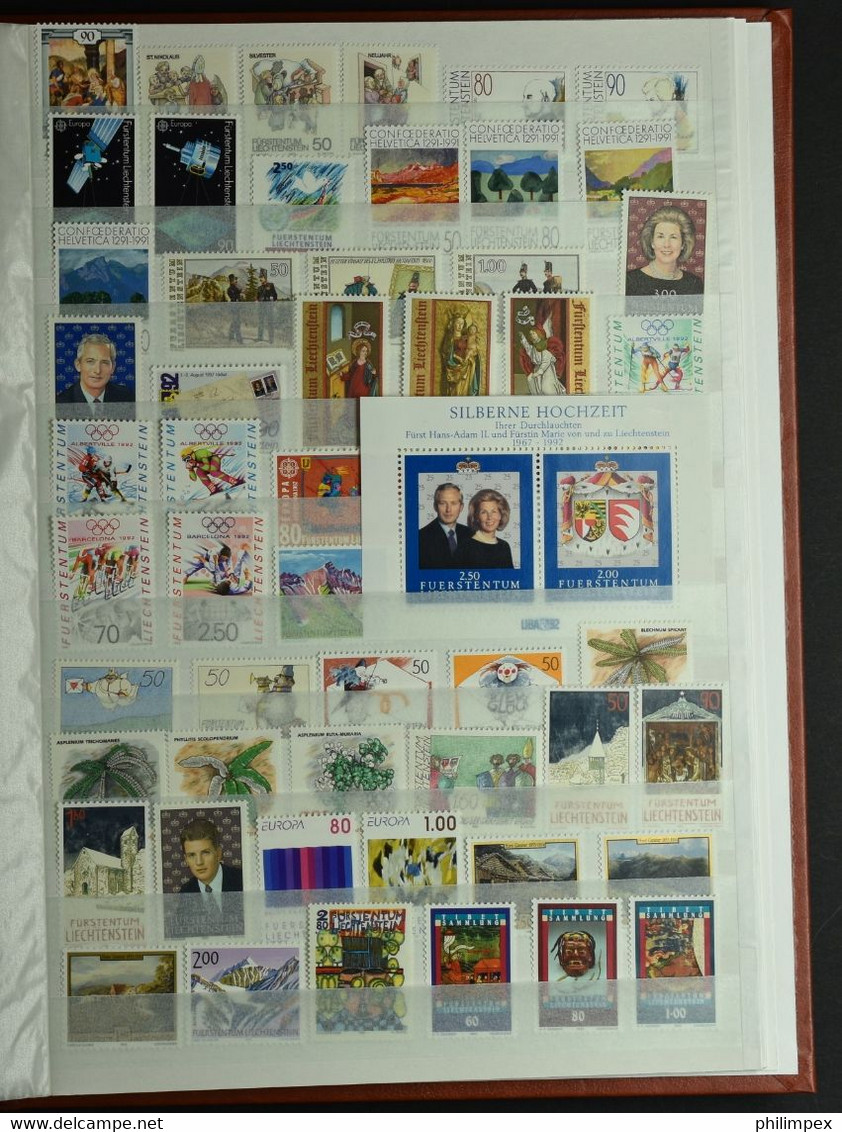LIECHTENSTEIN, COLLECTION 730 DIFFERENT NEVER HINGED STAMPS IN STOCK-BOOK  1958-1995