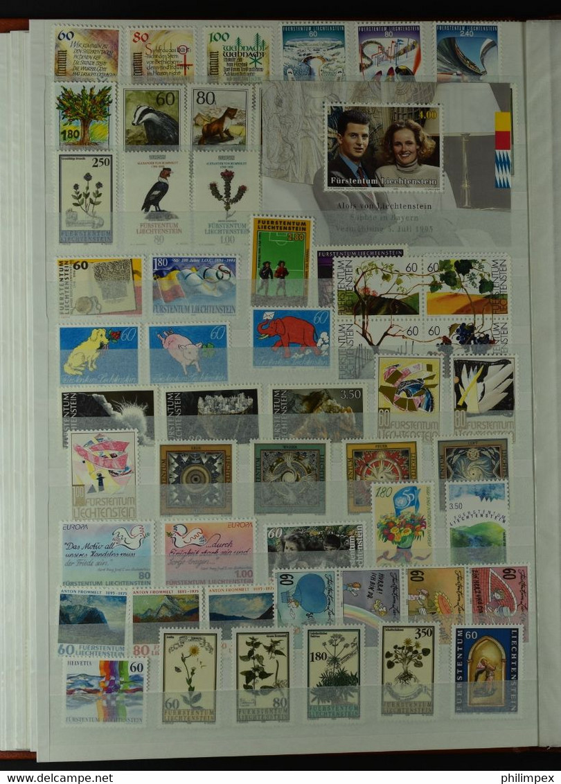 LIECHTENSTEIN, COLLECTION 730 DIFFERENT NEVER HINGED STAMPS IN STOCK-BOOK  1958-1995