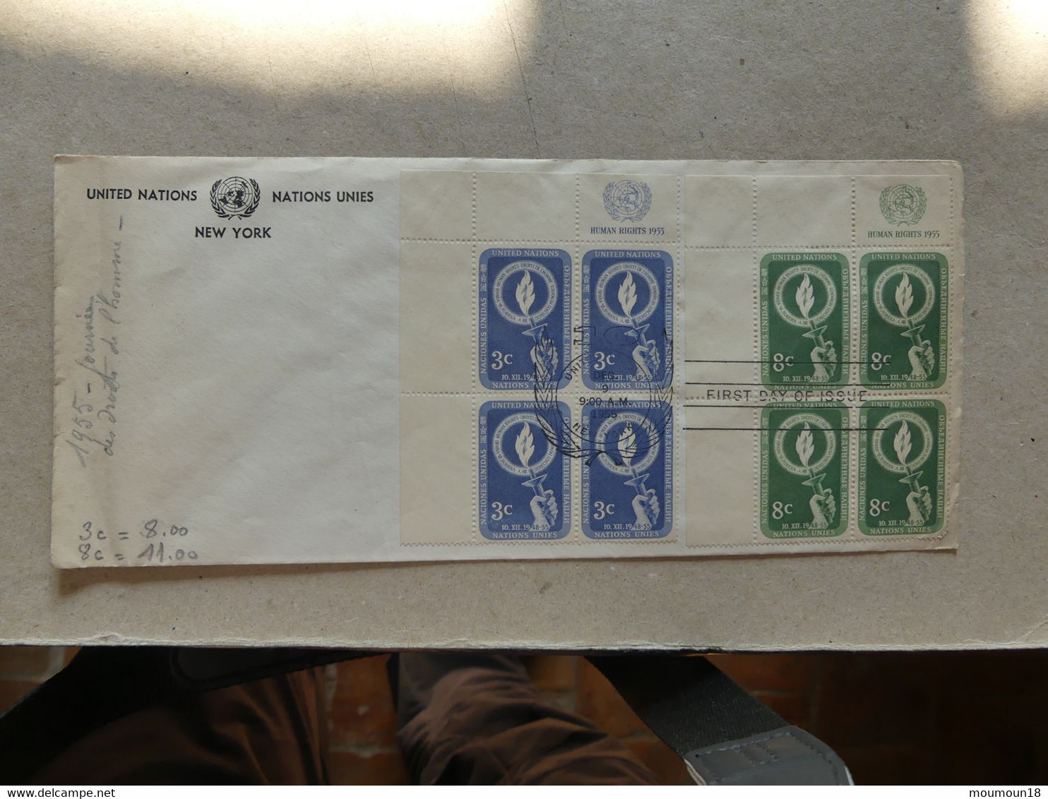 Enveloppe 1er Jour Nations Unies United Nations New York First Day Of Issue 9-12-1955 (3 Et 8 Cents Blocs De 4 Timbres) - Cartas & Documentos