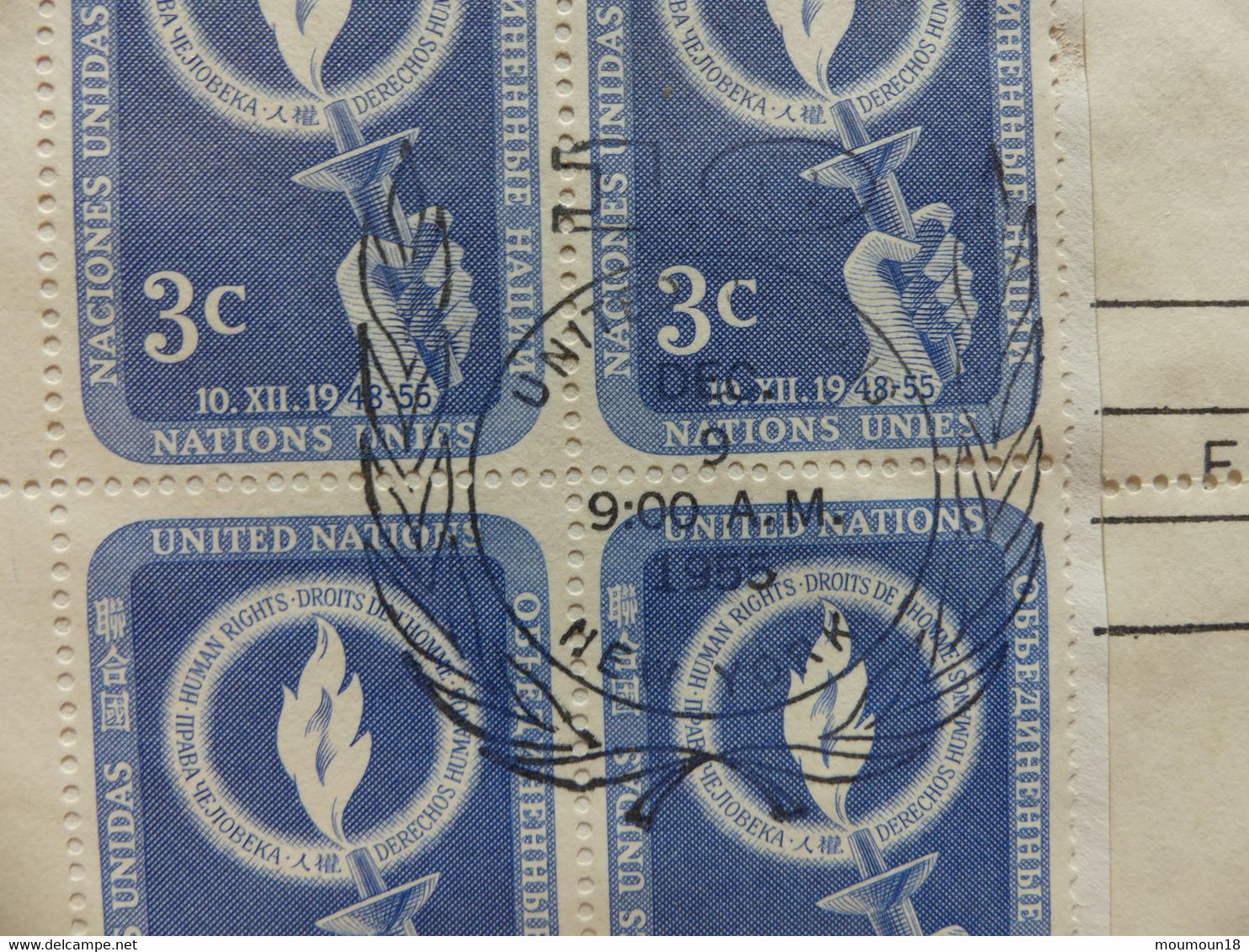 Enveloppe 1er Jour Nations Unies United Nations New York First Day Of Issue 9-12-1955 (3 Et 8 Cents Blocs De 4 Timbres) - Storia Postale