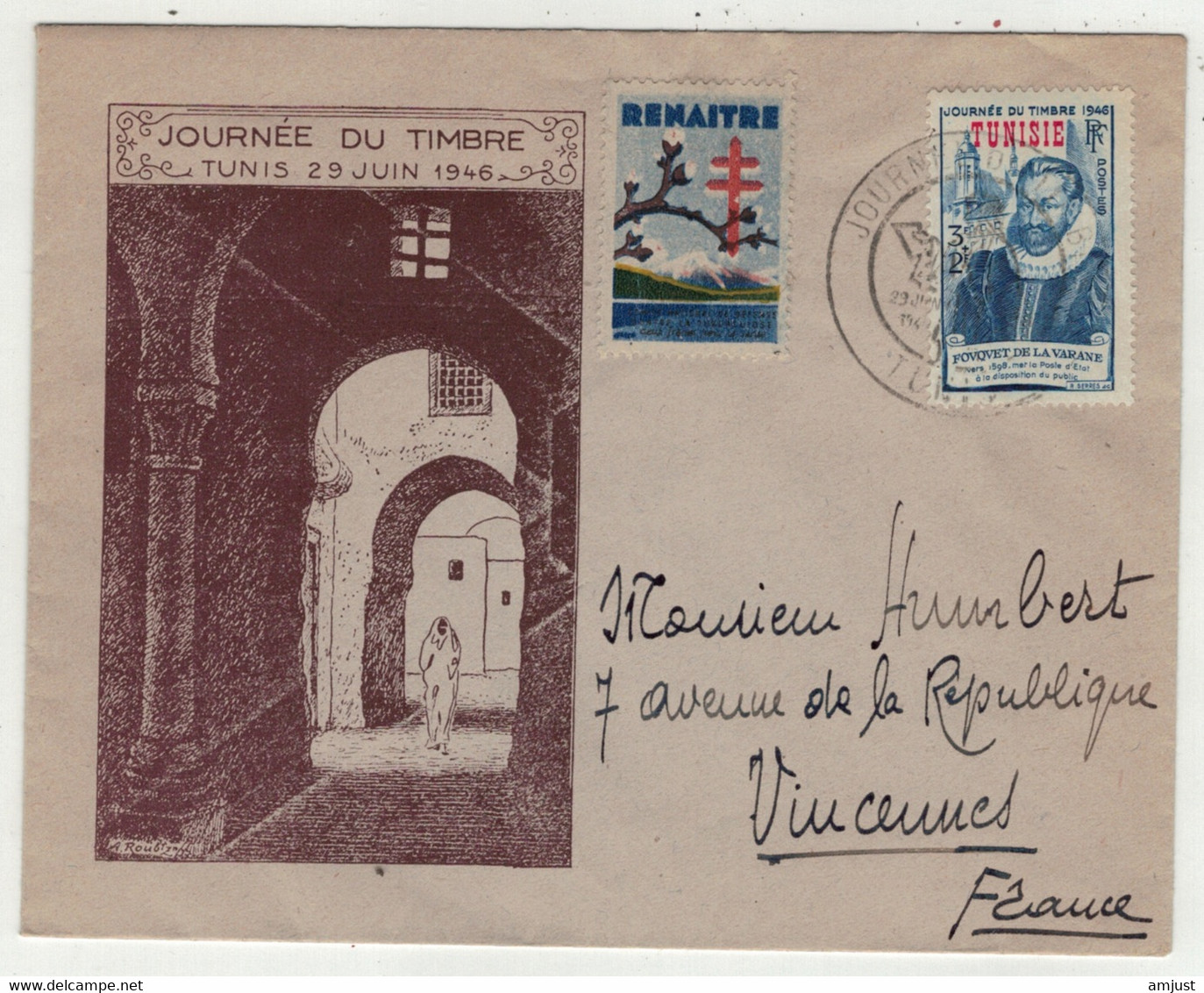 France // Ex-colonies & Protectorat // Tunisie // Lettre De La Journée Du Timbre à Tunis Le  29.06.1946 + Vignette - Lettres & Documents