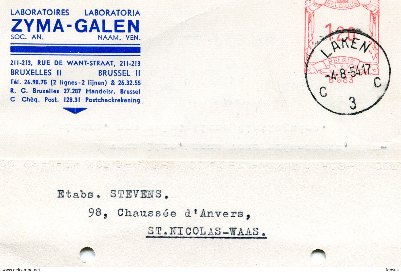 1954 Kaart Van ZYMA GALEN Labo Brussel II Naar St Nicolas Waes Stempel LAKEN C 3 C - ...-1959