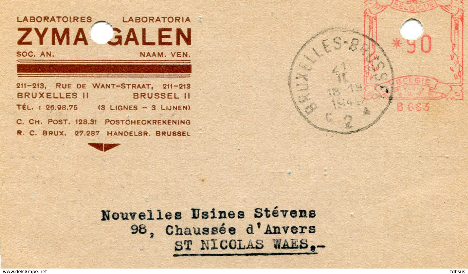 1949 Kaart Van ZYMA GALEN Labo Brussel II - Stempel Brussel C 2 + Zwarte Driehoek - ...-1959