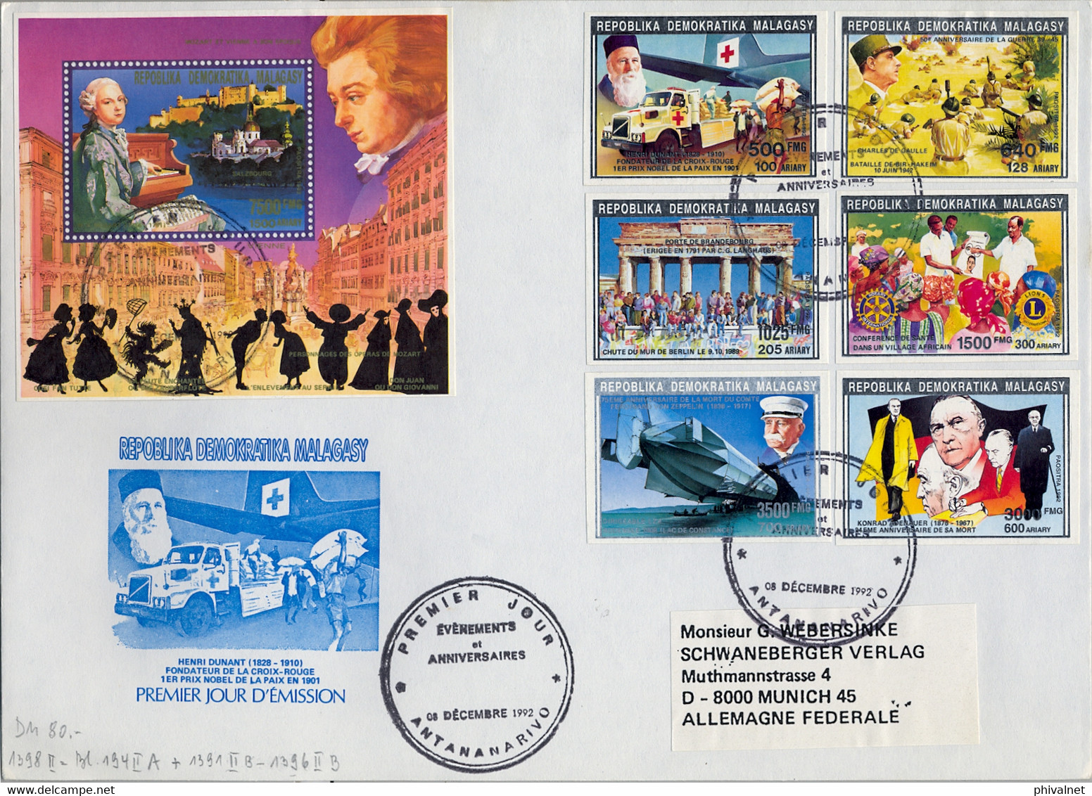 1992 MADAGASCAR , FIRST DAY COVER , ANIVERSARIOS Y EVENTOS , YV. HB 79 + 1075 / 1080 , MOZART , ROTARY , ZEPPELIN - Madagaskar (1960-...)