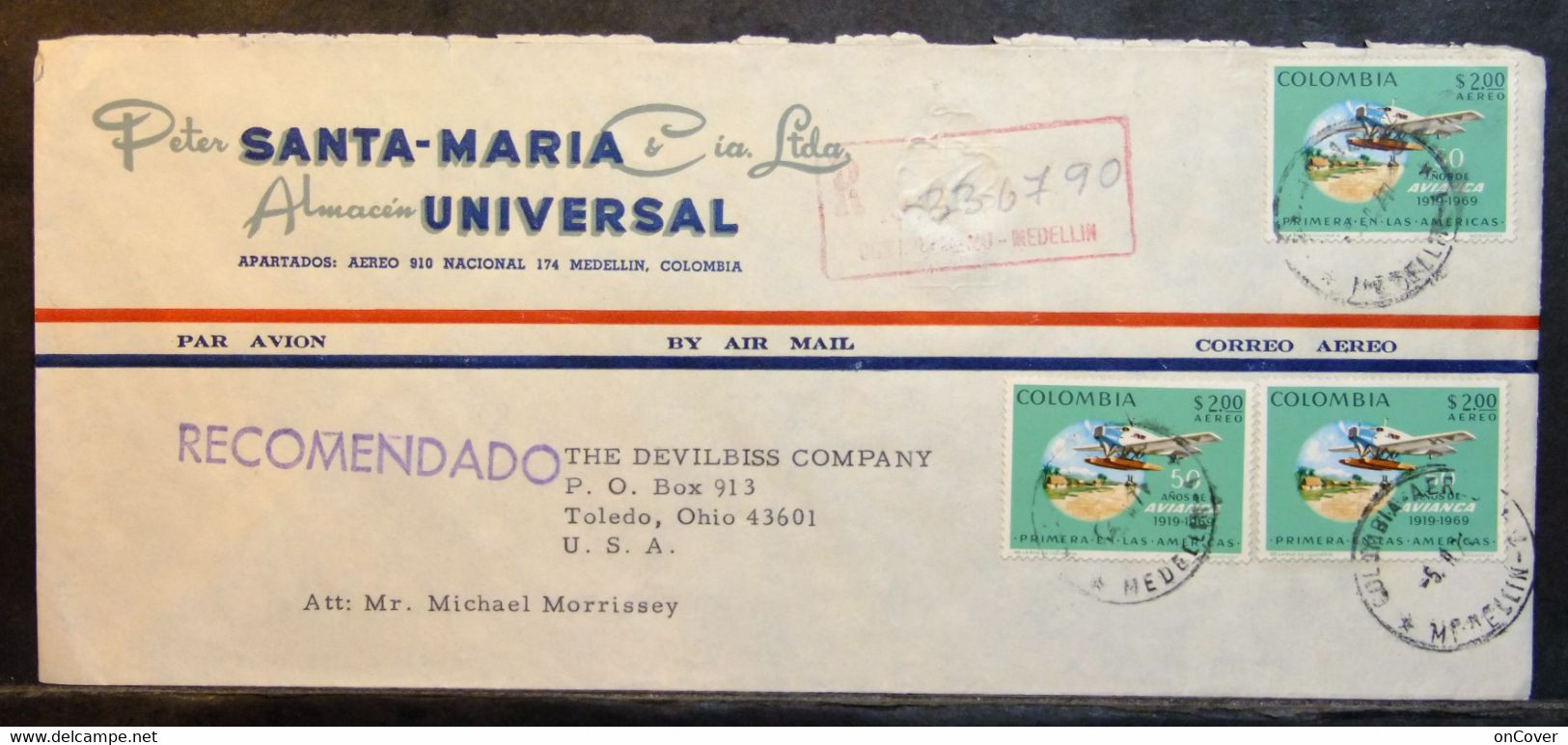 Colombia - Multifranking Advertising Registered Cover To USA 1971 Aviation Toledo - Colombia