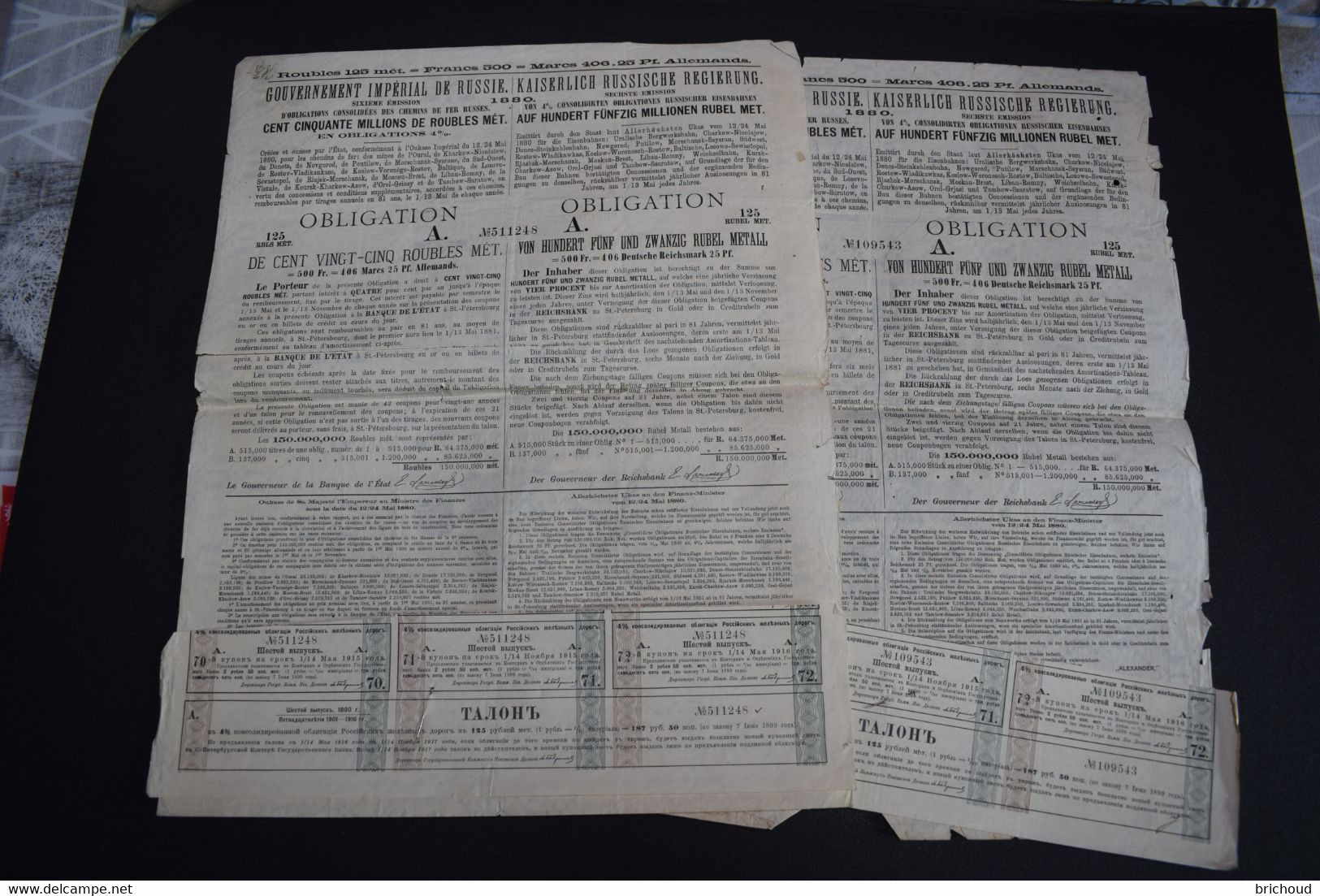 2 X Gouvernement Impérial Russie Obligation Consolidées Chemin De Fer 1880 - Rusia