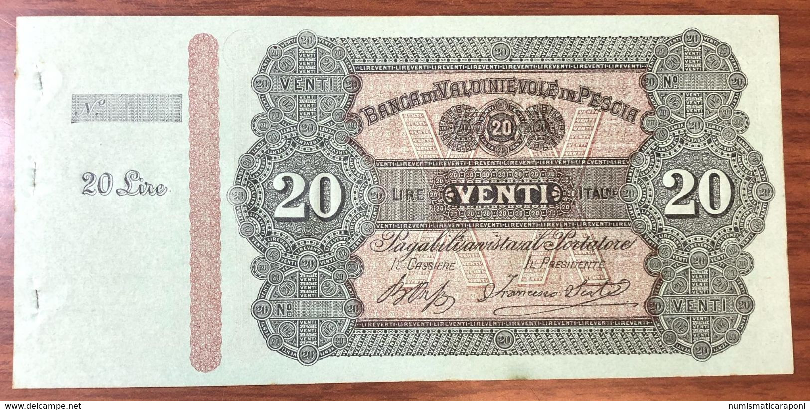 20 Lire Banca Di Valdinievole In Pescia  Biglietto Fiduciario 1870 Non Emesso R5 Q.fds LOTTO 2434 - Other & Unclassified