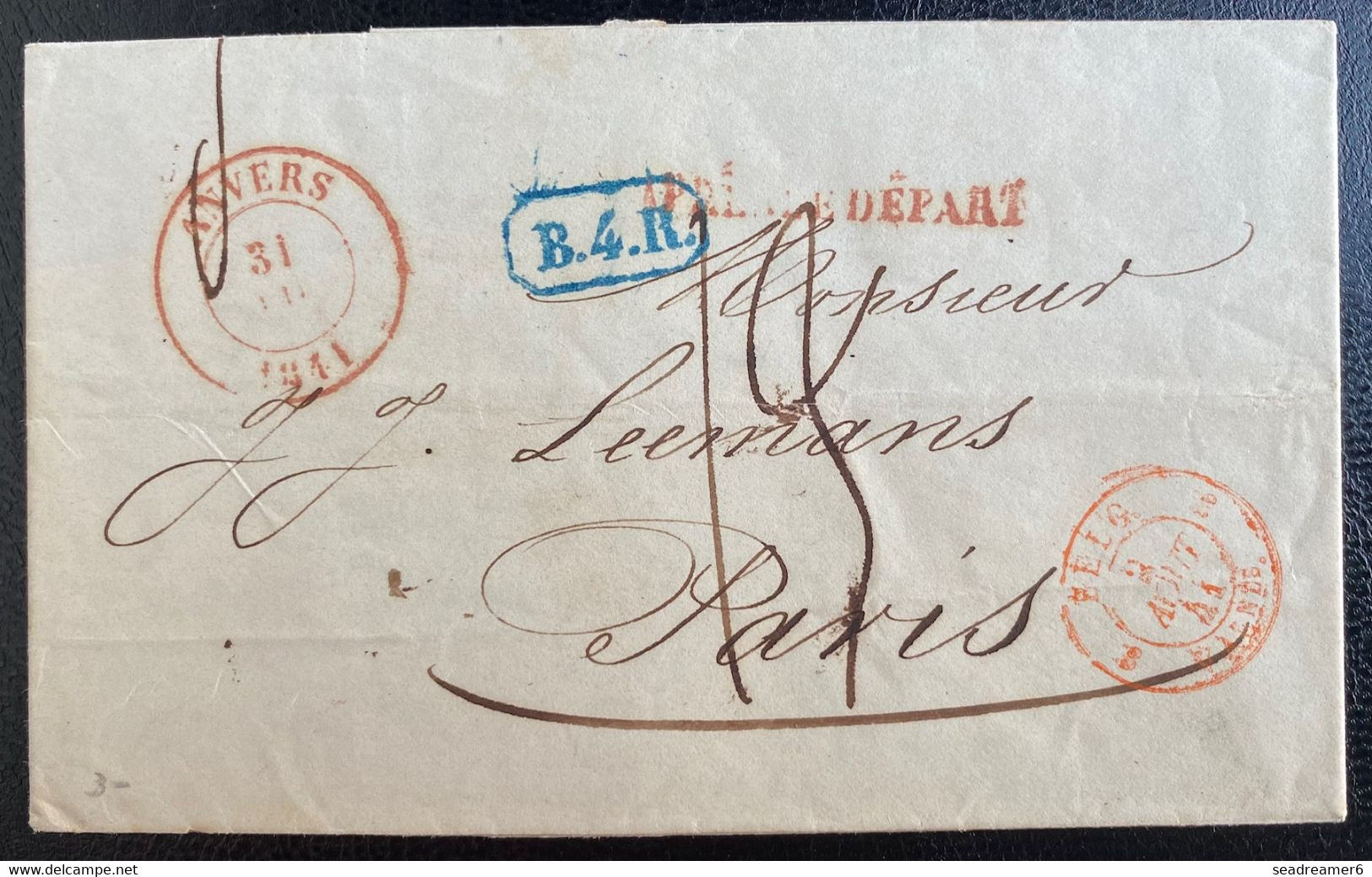 Belgique Lettre Dateur Rouge D'Anvers 1841 Griffe Après Le Départ + Dateur D'entrée "VALnnes" Taxée Pour Paris TTB - 1830-1849 (Belgique Indépendante)