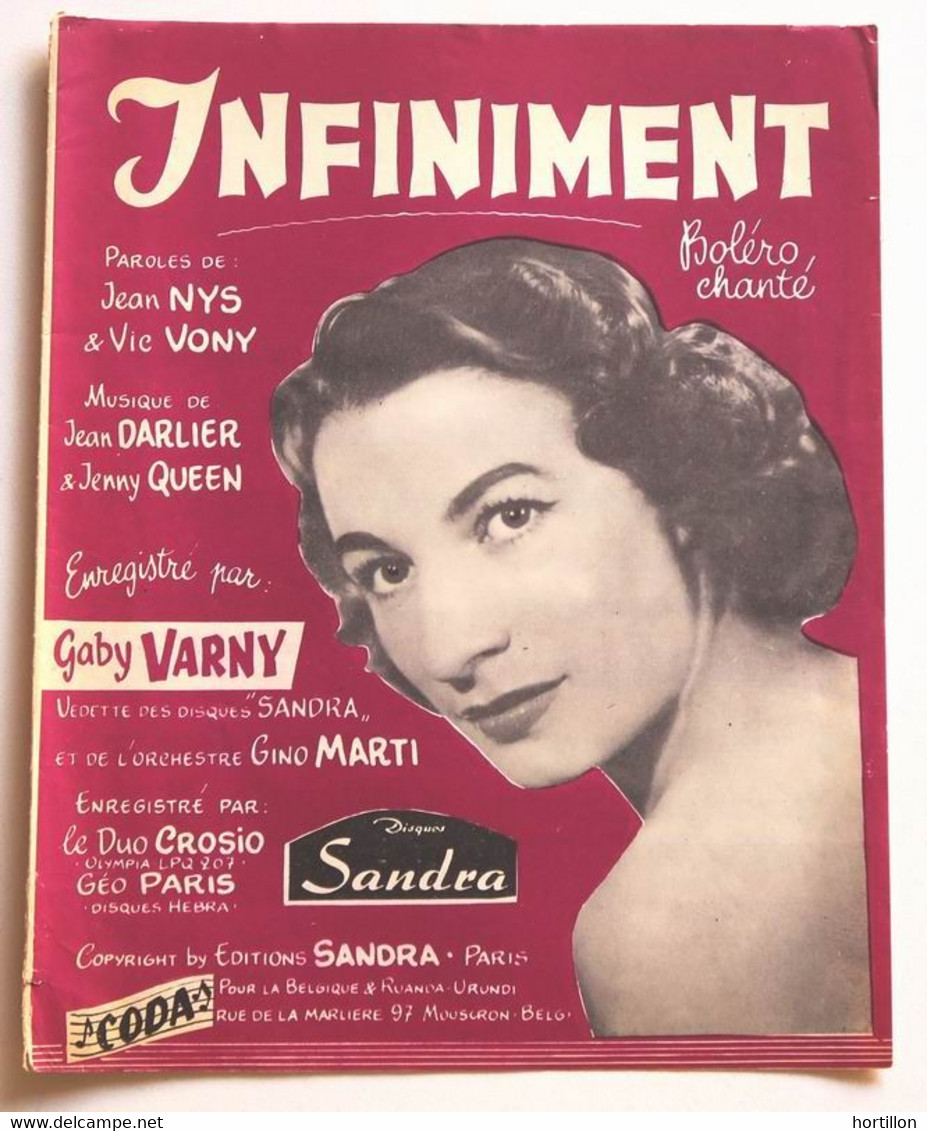 Partition Belge Ancienne Vintage Sheet Music GABY VARNY : Infiniment * 50's Belgian - Chansonniers