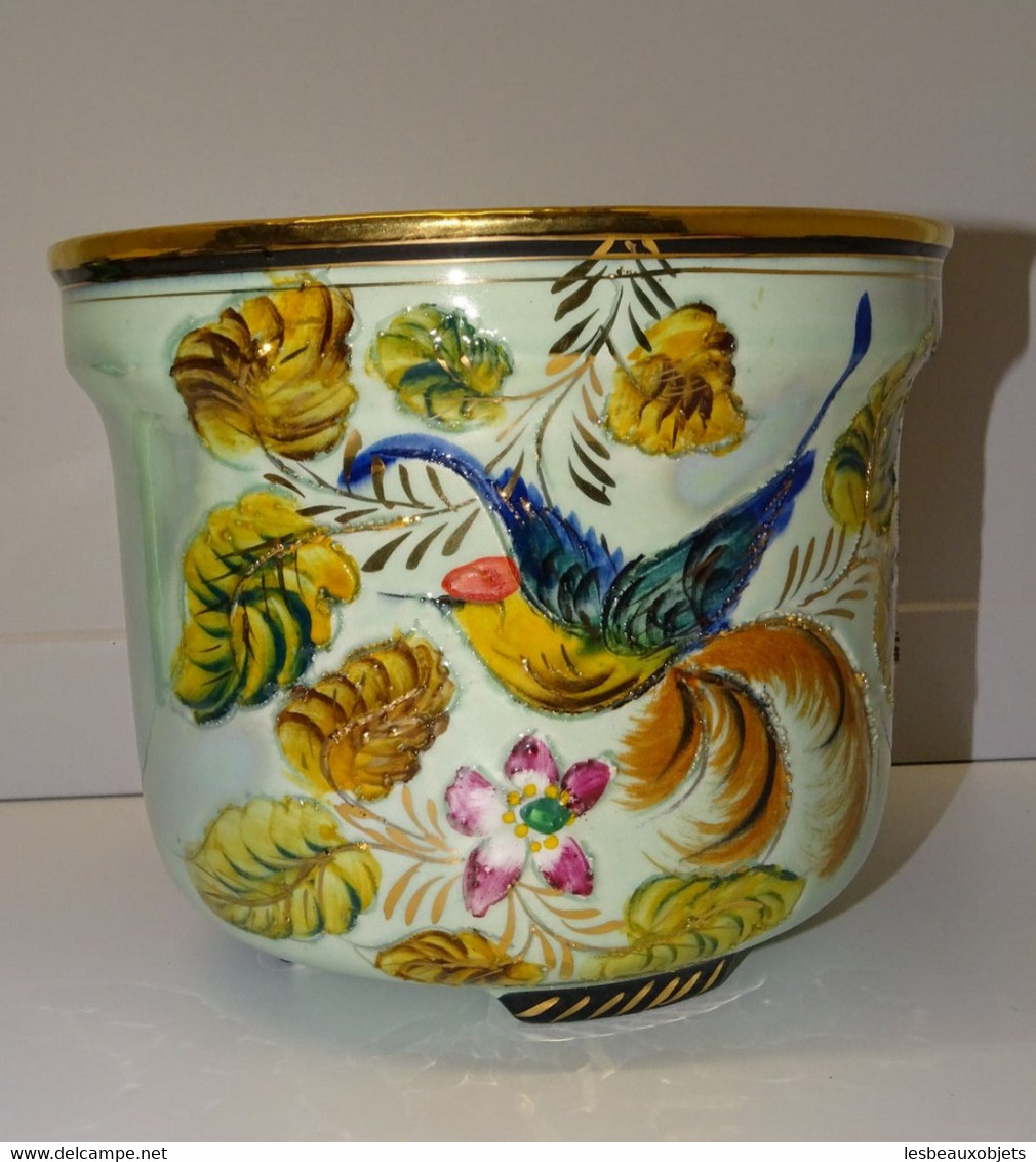 *JOLI CACHE POT CERAMIQUE Nacrée VINTAGE BEQUET Décor OISEAU FLEURS Non Signé E - Béquet (BEL)