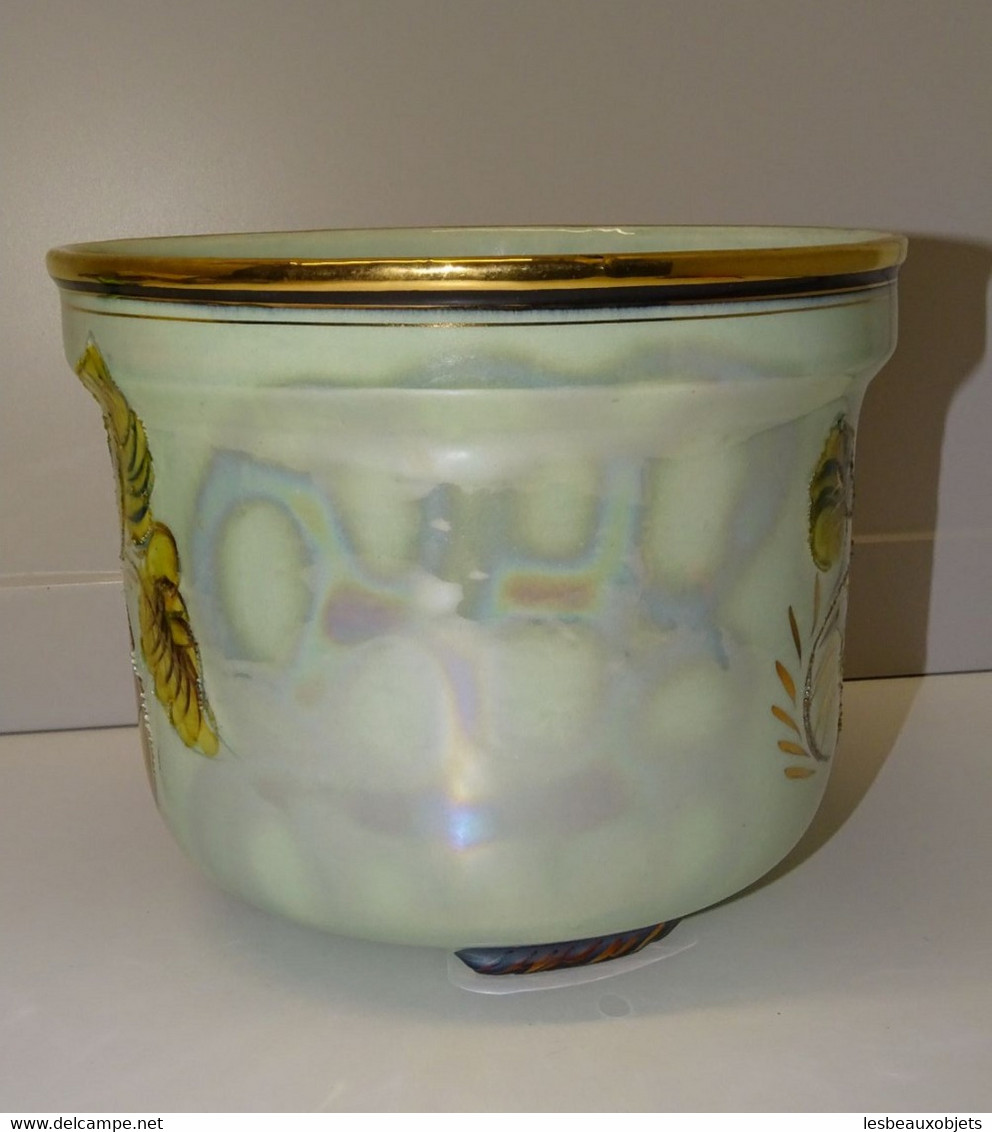 *JOLI CACHE POT CERAMIQUE Nacrée VINTAGE BEQUET décor OISEAU FLEURS non signé E