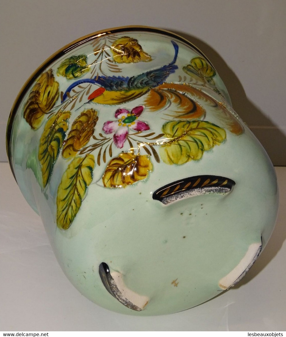 *JOLI CACHE POT CERAMIQUE Nacrée VINTAGE BEQUET décor OISEAU FLEURS non signé E