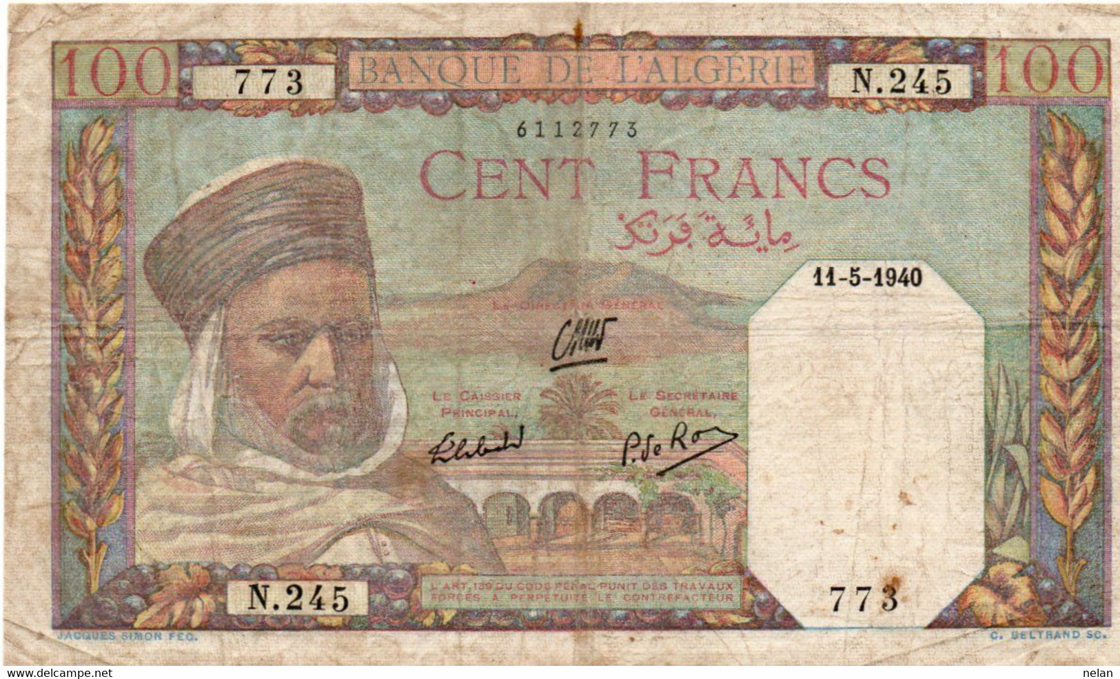 ALGERIA - Banque De Algeria 100 Francs 1940 P-85a3 -  AF Dar Hassan Pasha - Algérie