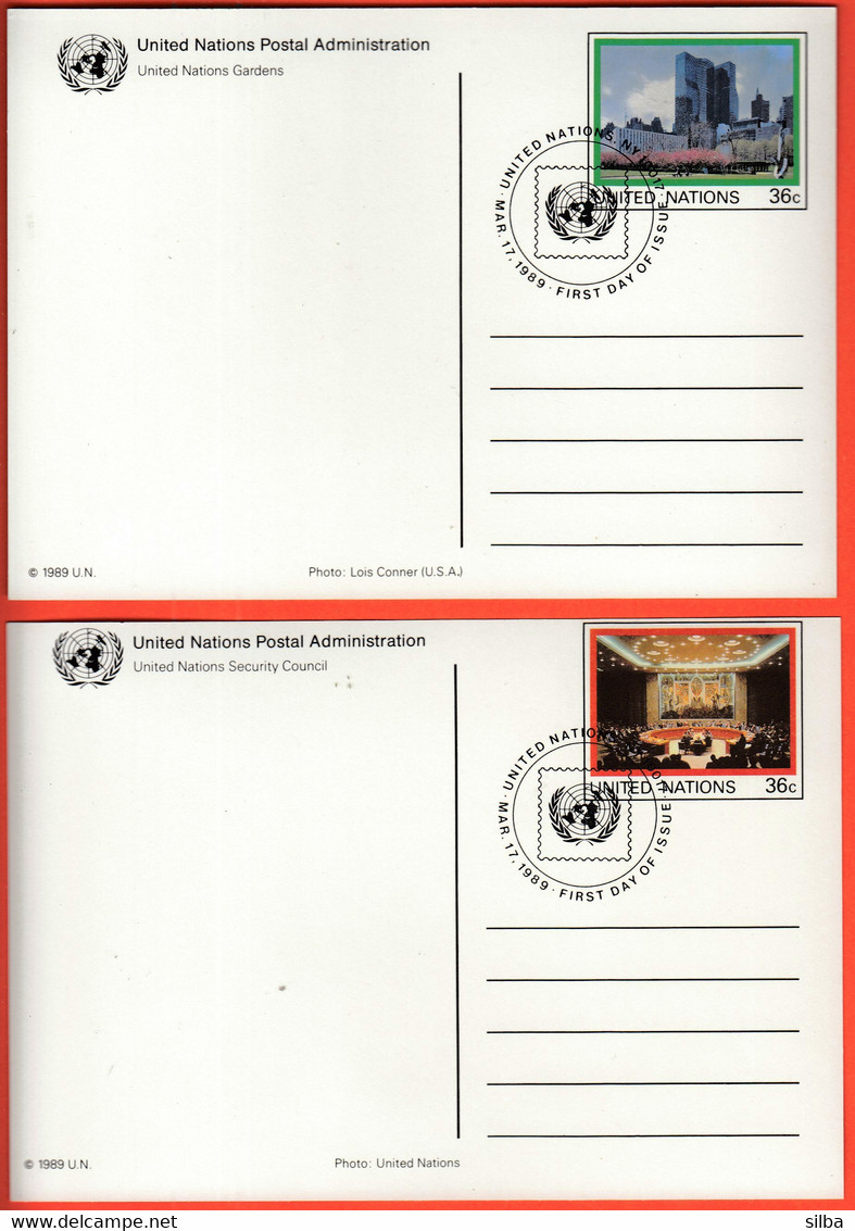 United Nations Headquarters New York 1989 / Headquarters Row Of Flags Gardens Night View Security Council / Stationery - Briefe U. Dokumente