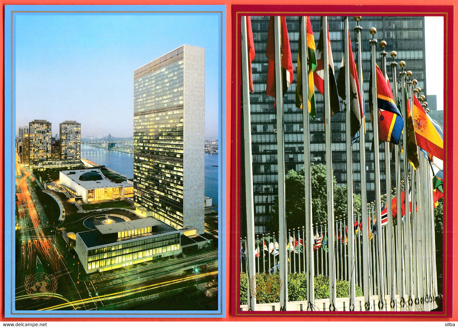 United Nations Headquarters New York 1989 / Headquarters Row Of Flags Gardens Night View Security Council / Stationery - Briefe U. Dokumente