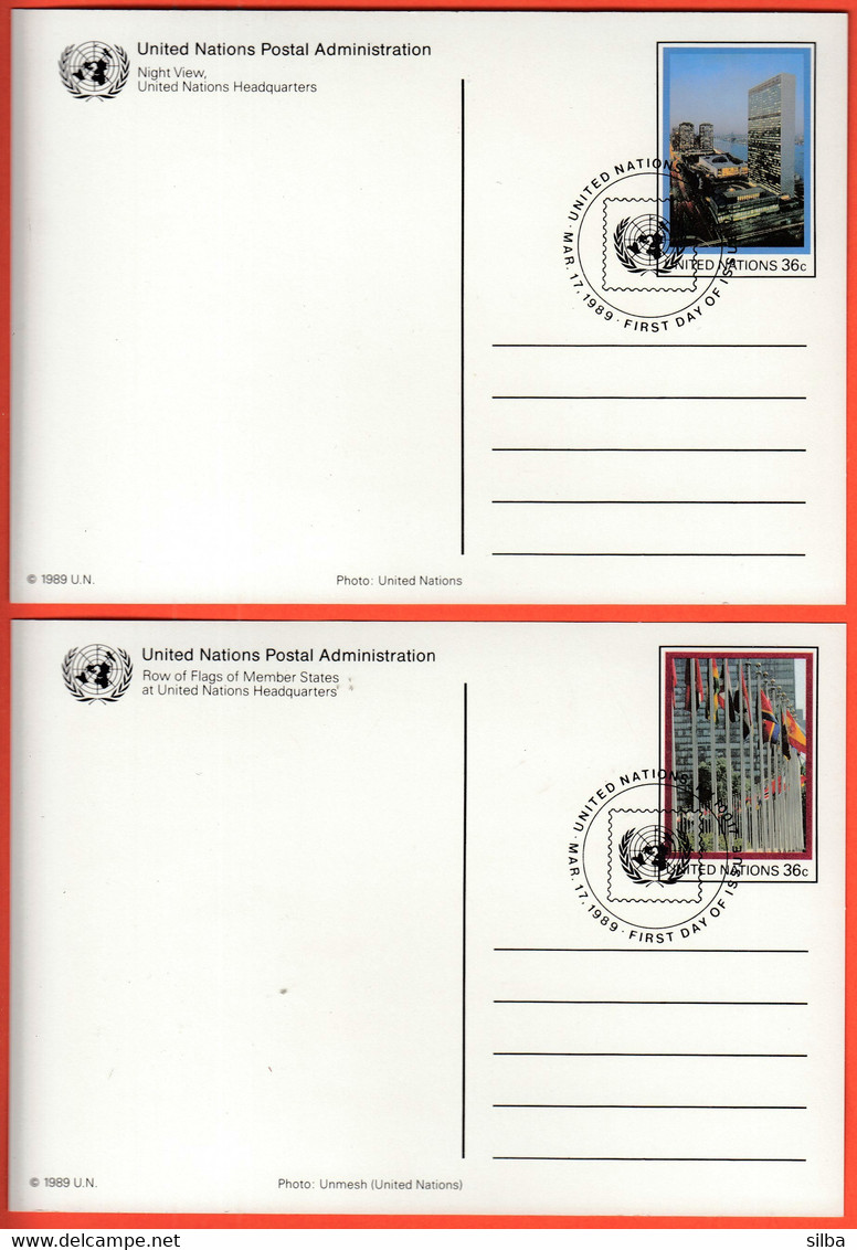 United Nations Headquarters New York 1989 / Headquarters Row Of Flags Gardens Night View Security Council / Stationery - Lettres & Documents
