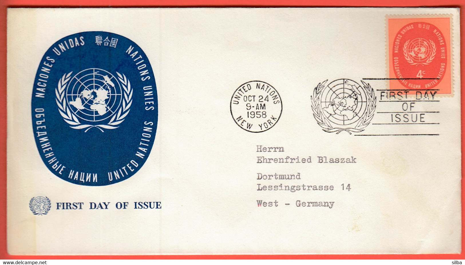 United Nations New York 1958 / 4 C Emblem / FDC - Briefe U. Dokumente