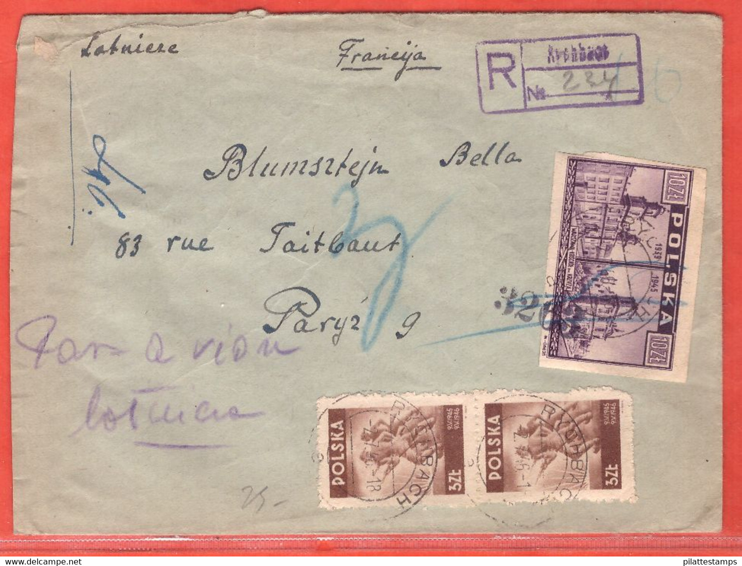 POLOGNE LETTRE RECOMMANDEE DE 1946 DE RYCHBACH POUR PARIS FRANCE - Maschinenstempel (EMA)