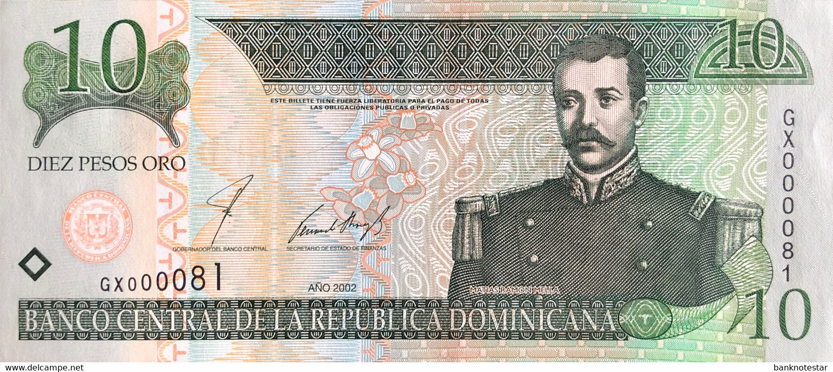 Dominican Republic 10 Pesos Oro, P-168b (2002) - UNC - GX000081 Serial Number - Dominicaine