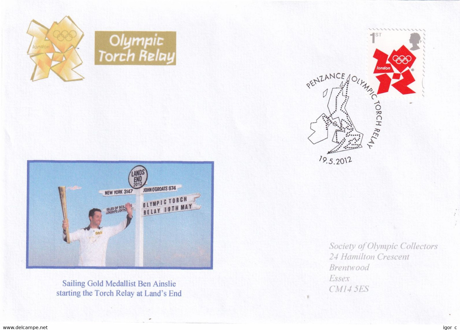 United Kingdom UK 2012 Cover: Olympic Games London Torch Relay; Ben Ainslie; Sailing; Land's End Penzance Stage - Eté 2028 : Los Angeles