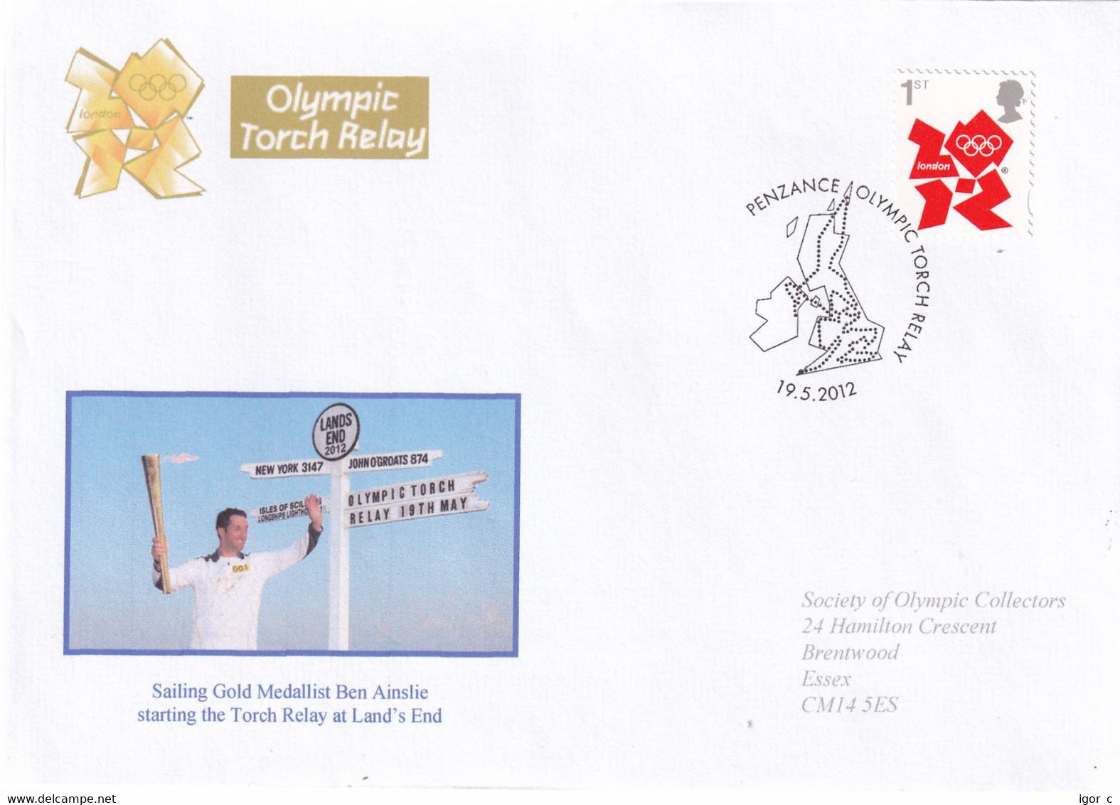 United Kingdom UK 2012 Cover: Olympic Games London Torch Relay; Ben Ainslie; Sailing; Land's End Penzance Stage - Estate 2028 : Los Angeles