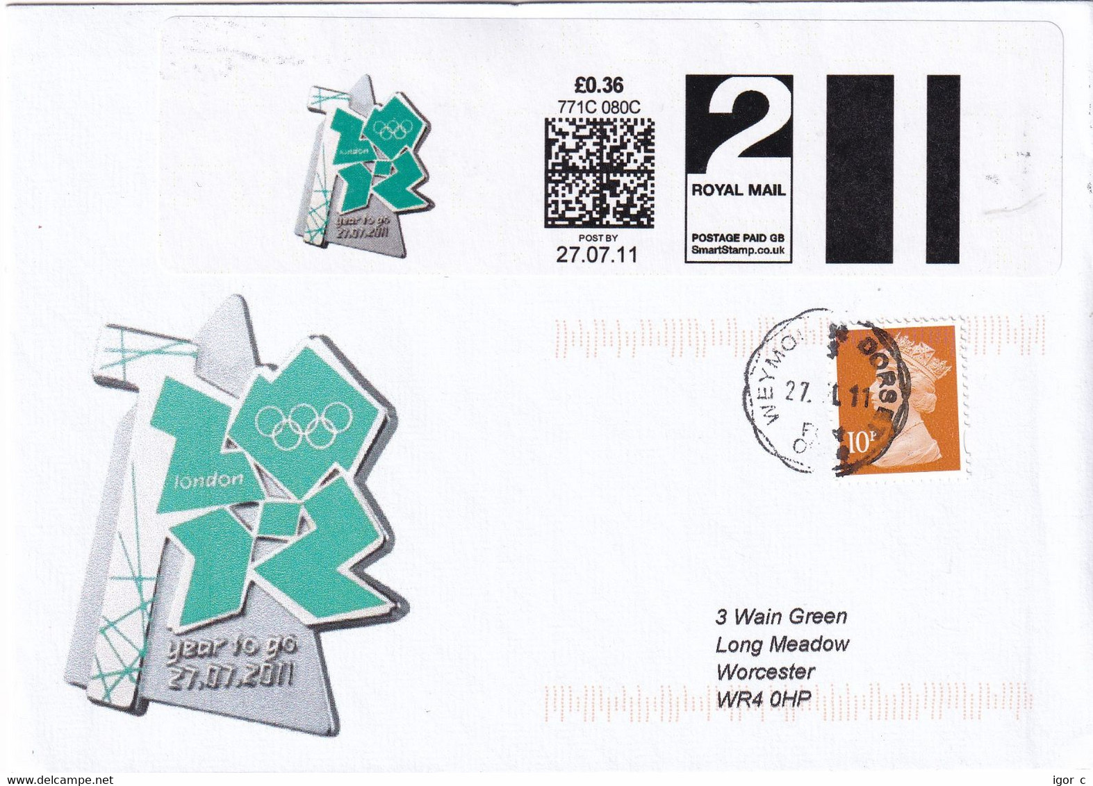 United Kingdom UK 2011 Cover: Olympic Games London 2012; Olympic Logo Smartstamp 2nd Class Uprated To 1st - Summer 2028: Los Angeles