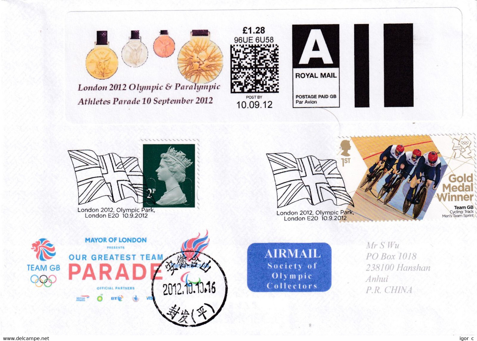 United Kingdom UK 2012 Cover: Olympic Games London 2012 Smart Stamp GB Team Sprint; Cycling Cyclisme; Flag Cancellation - Verano 2028 : Los Ángeles