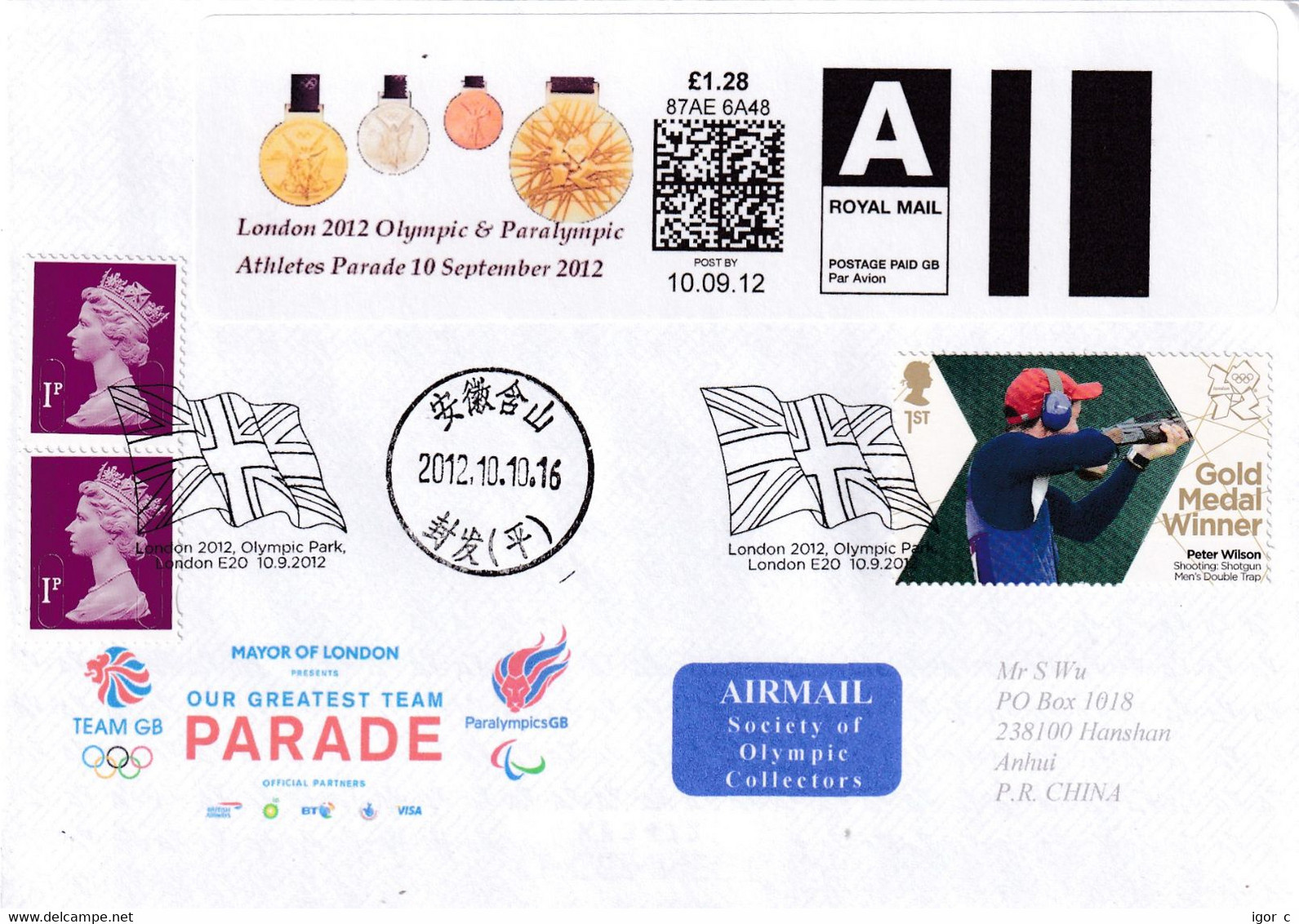 United Kingdom UK 2012 Cover: Olympic Games London 2012 Smart Stamp Peter Wilson Shooting; Flag Cancellation; RRR; - Summer 2028: Los Angeles