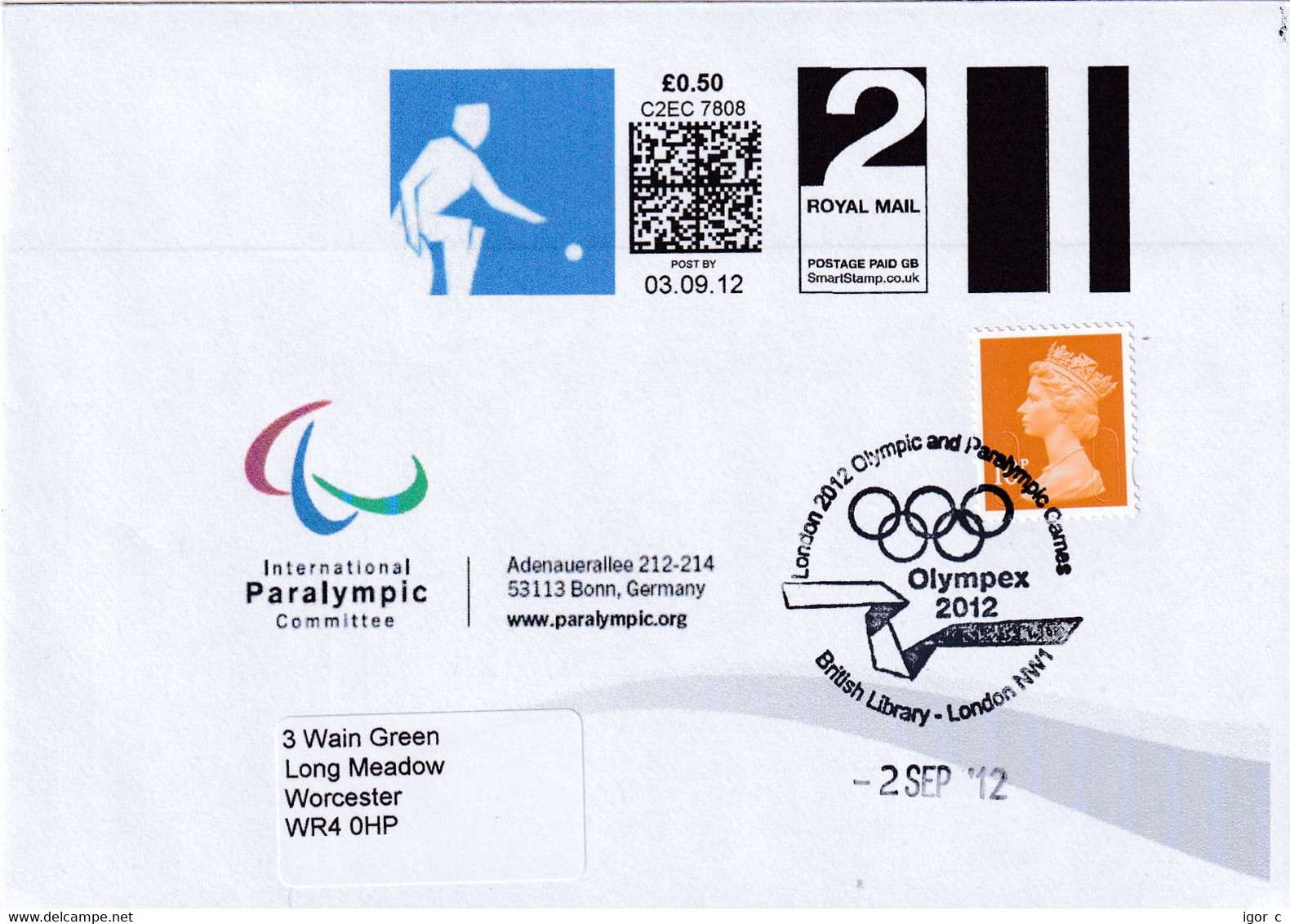 United Kingdom UK 2012 Cover: Olympic Paralympic Games London; Boccia Smart Stamp; Olympex Cancellation - Zomer 2028: Los Angeles