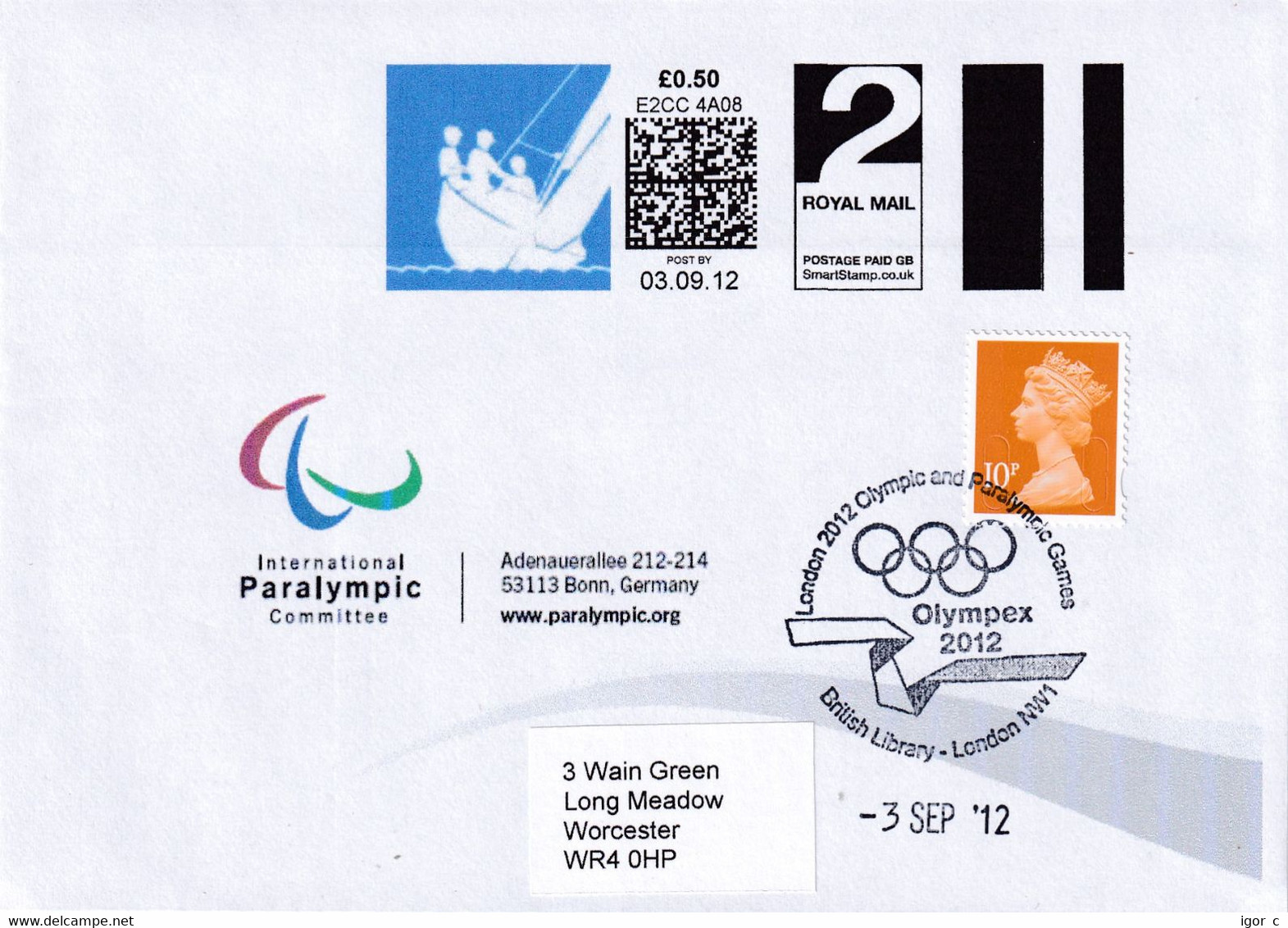 United Kingdom UK 2012 Cover: Olympic Paralympic Games London; Paralympic Sailing Smart Stamp; Olympex Cancellation - Zomer 2028: Los Angeles