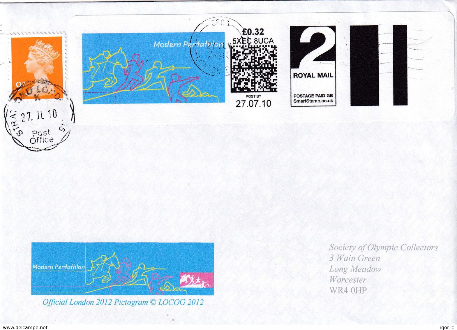 United Kingdom UK 2010 Cover: Olympic Paralympic Games London; Modern Pentathlon Smart Stamp; Olympex Cancellation - Estate 2028 : Los Angeles