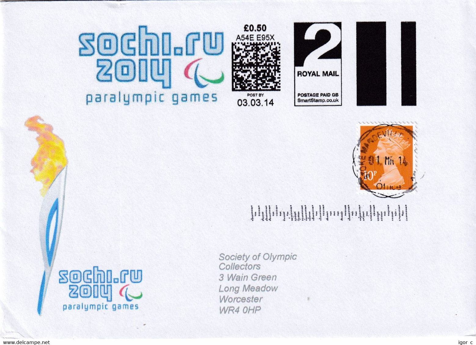 United Kingdom UK 2010 Cover: Winter Olympic Games Sochi 2014; Paralympics Smartstamp 2nd Class Uprated To 1st; Torch - Winter 2014: Sotschi