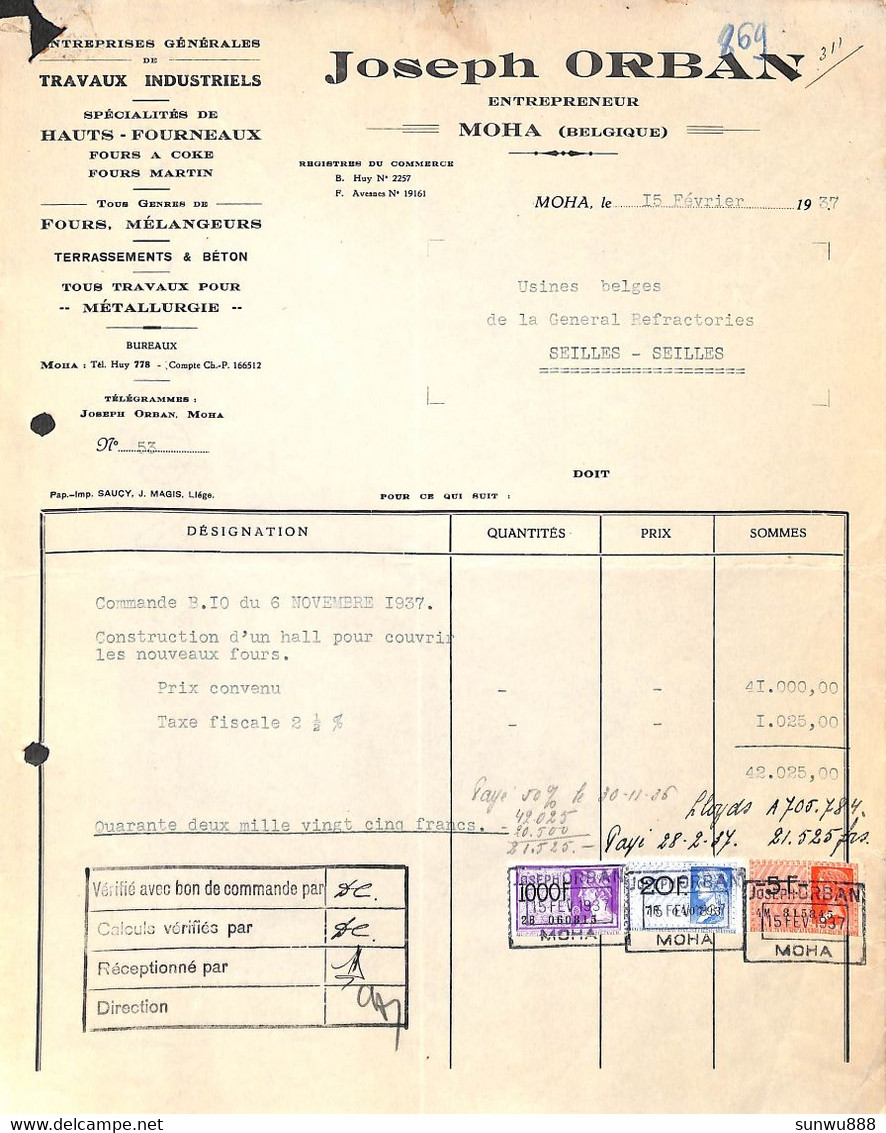Moha - Joseph Orban Spécialités Hauts-Fourneaux 1937 + Timbres - 1900 – 1949