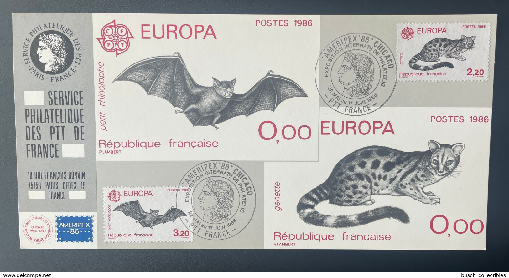 026 Carte Officielle Exposition Internationale Exhibition Chicago 1986 FDC France Europa CEPT Bat Chauve-souris Fauna - Briefmarkenausstellungen