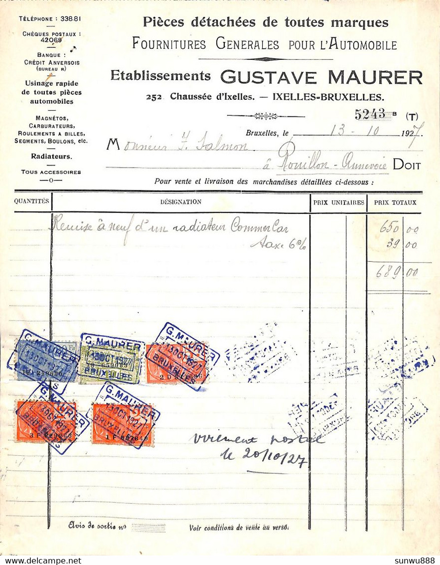 Ixelles Etablissements Gustave Maurer Pièces Détachées Engrenages Rectifications De Cylindres 1927 + Timbres - 1900 – 1949