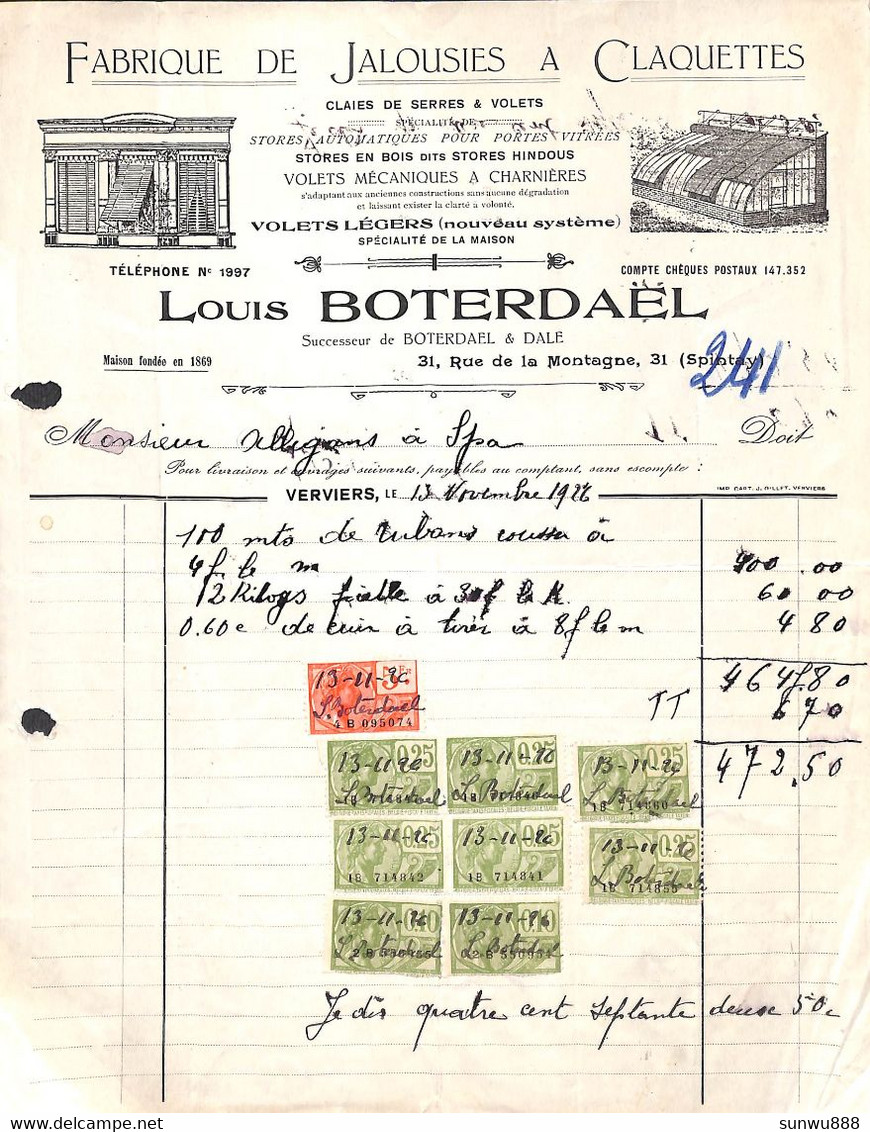 Verviers Spintay - Fabrique De Jalousies à Claquettes Louis Boterdael Litho 1926 + Timbres - 1900 – 1949