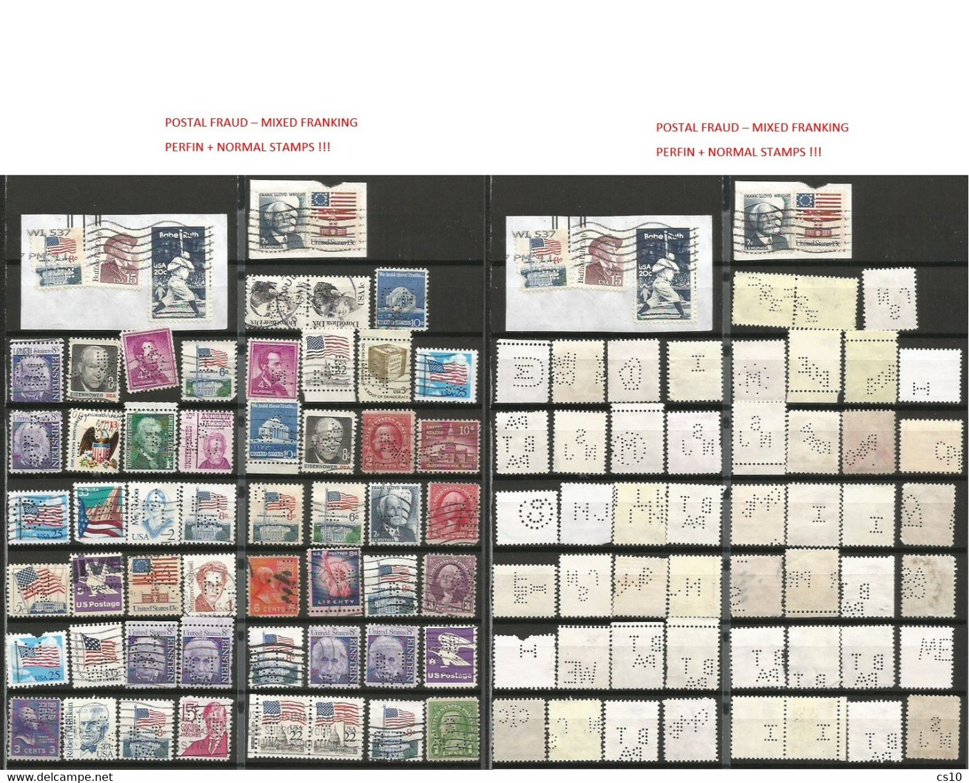 USA PERFIN : 4 Scans Lot 180 Pcs All Periods Including Postal Frauds Pairs Plate Numbers ZIP Code Etc - Perfins