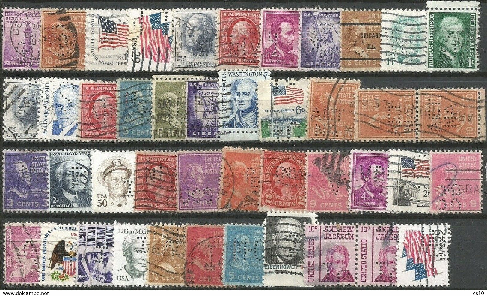 USA PERFIN : 4 Scans Lot 180 Pcs All Periods Including Postal Frauds Pairs Plate Numbers ZIP Code Etc - Perfins