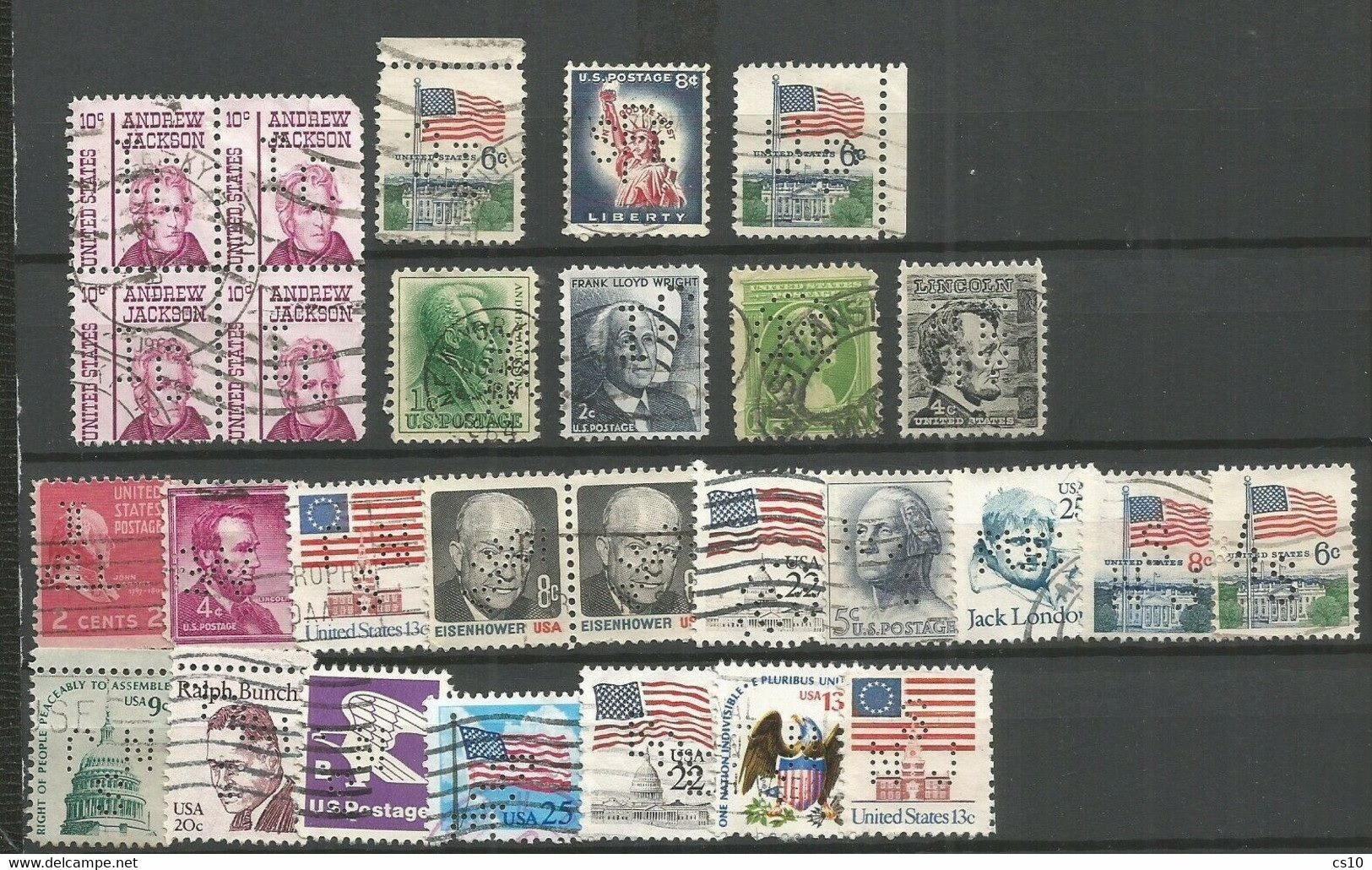 USA PERFIN : 4 Scans Lot 180 Pcs All Periods Including Postal Frauds Pairs Plate Numbers ZIP Code Etc - Perfins