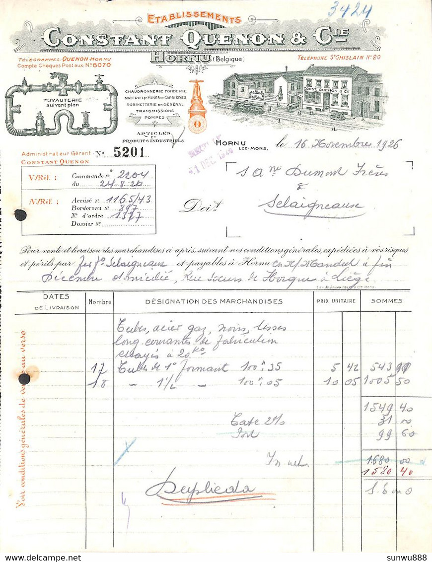 Hornu - Etabl. Constant Quenon & Cie Chaudronnerie, Matériel De Mine Litho Illustrée 1926 - 1900 – 1949