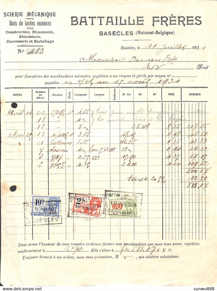 Basècles - Scierie Mécanique Battaille Frères 1934 + Timbres + Litho Au Dos - 1900 – 1949