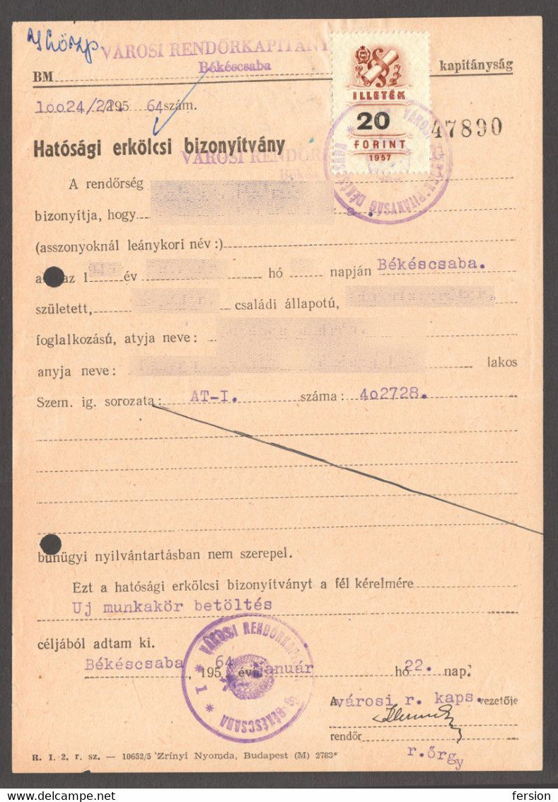 Police Moral Certificate / Postmark Document BÉKÉSCSABA 1964 Hungary Revenue Tax Stamp 1957 - Fiscales