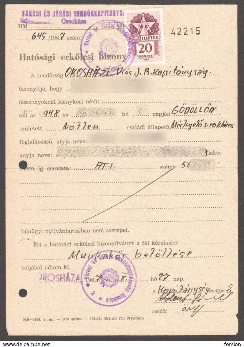 Police Moral Certificate / Postmark Document BÉKÉSCSABA 1967 Hungary Revenue Tax Stamp 1965 - Revenue Stamps