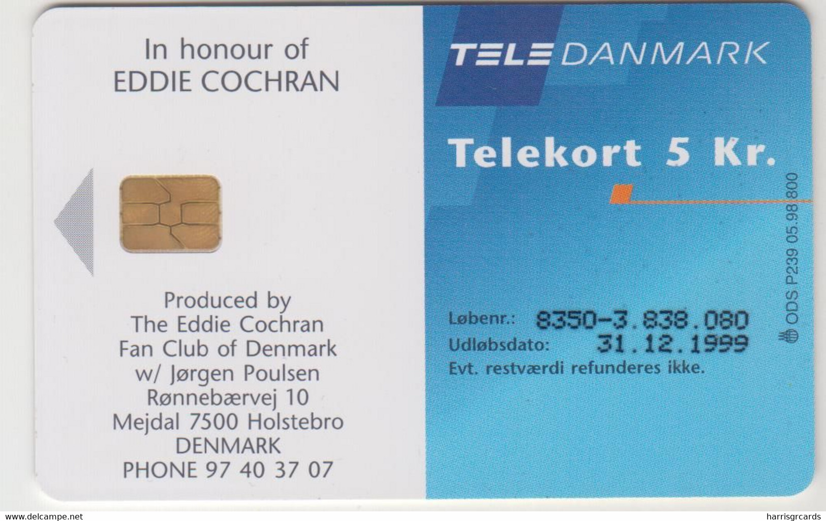 DENMARK - Eddie Cochran , 5 Dkr., 05/98, Tirage 800, Used - Dinamarca