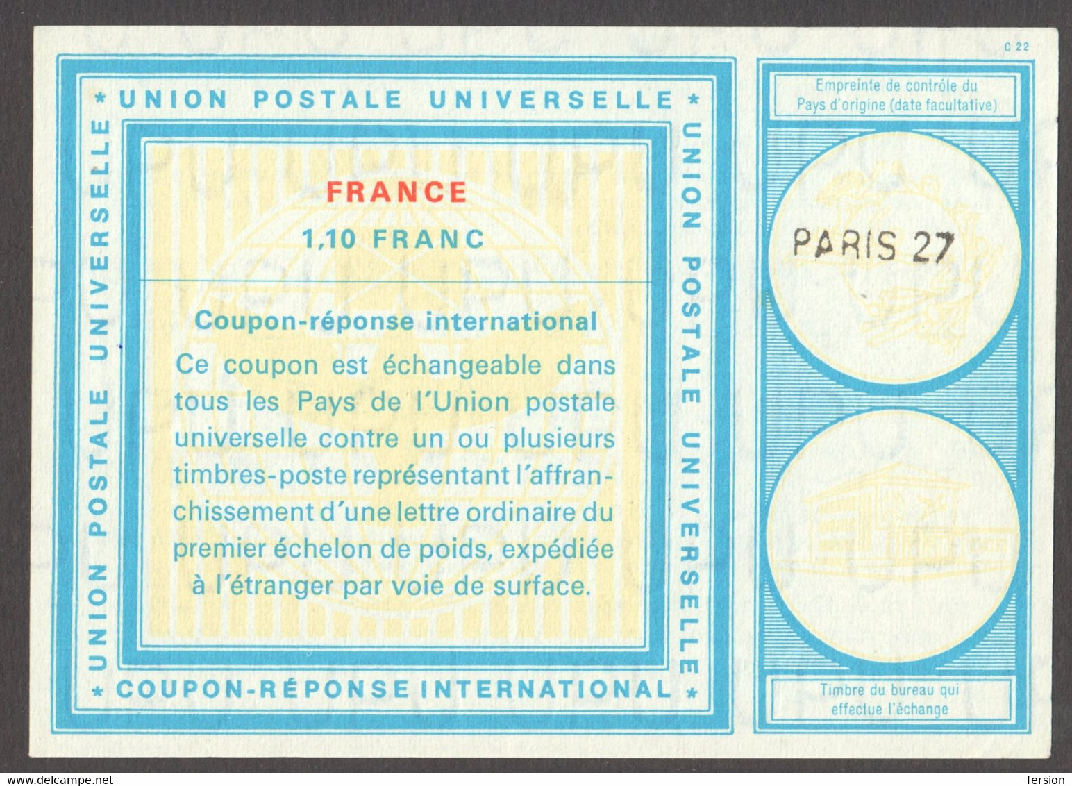 1970's FRANCE UPU Coupon Résponse International C22 Reply Coupon REPONSE - PARIS 27 Model Vienna WIEN - Reply Coupons