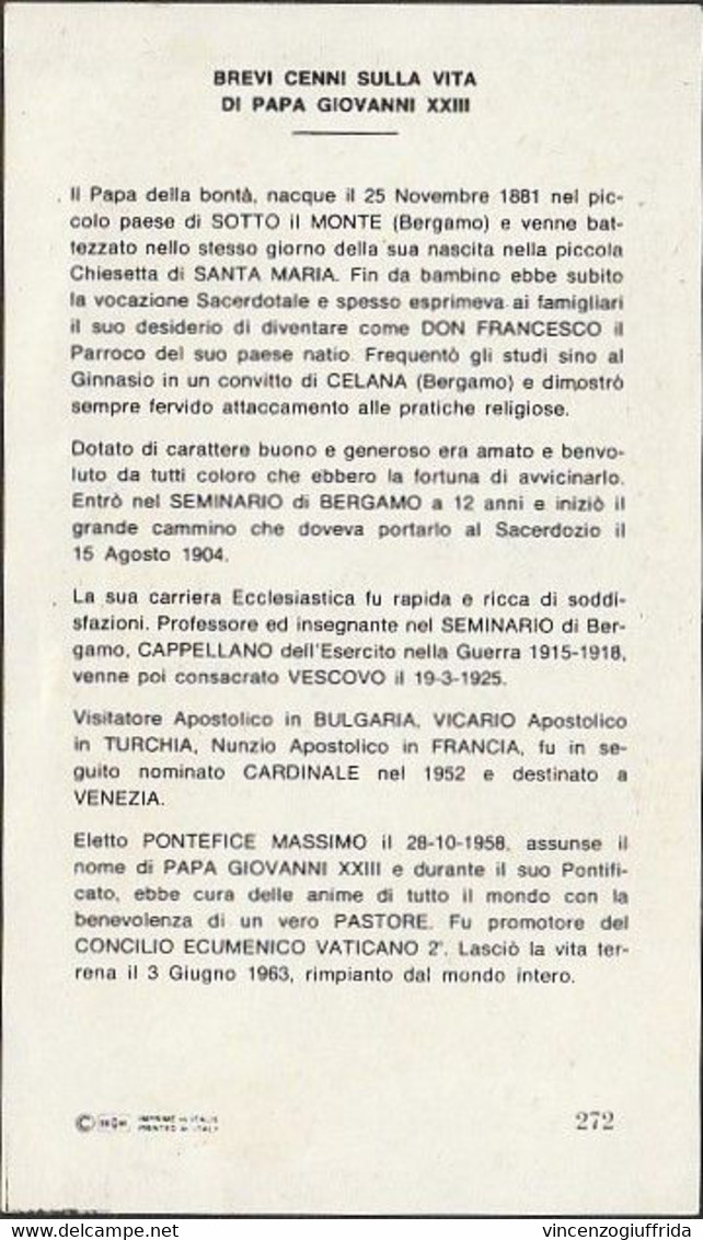 HOLY CARD -SANTINO GIOVANNI XXIII PONTEFICE MASSIMO - Santini